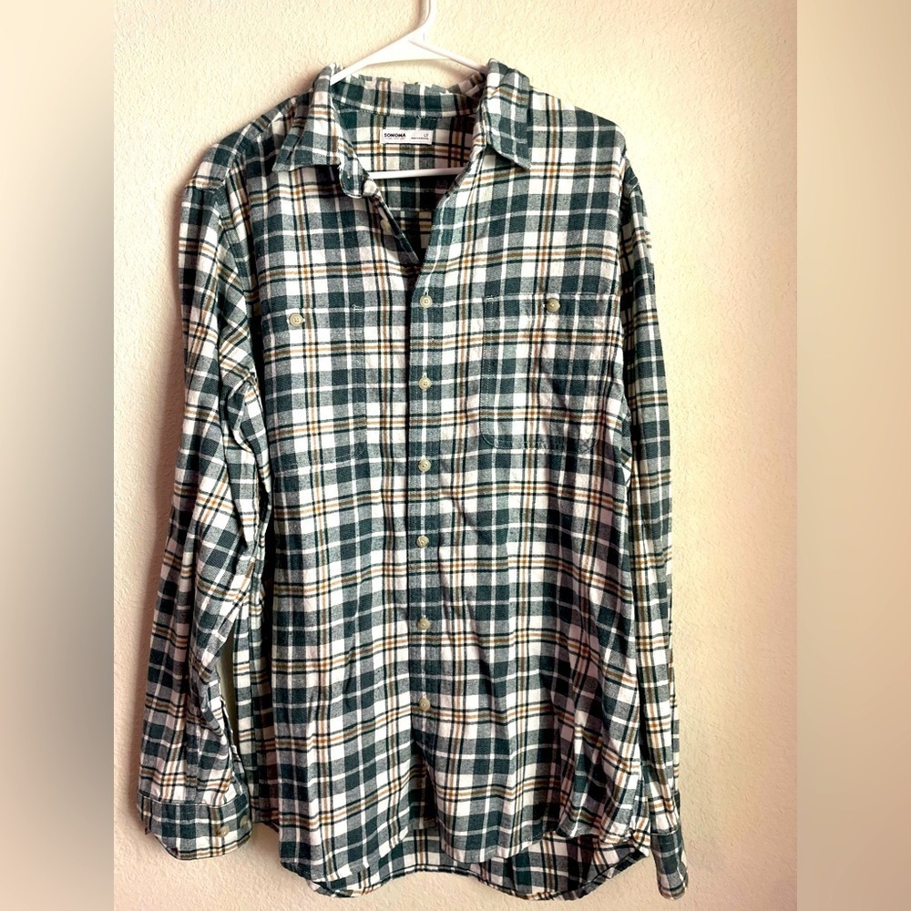 Sonoma Forest Green and Cream Plaid Flannel Men's Shirt 100% Cotton size LT
